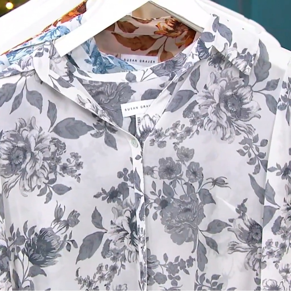 Susan Graver Petite Printed Woven Button-Front Shirt Grey L New